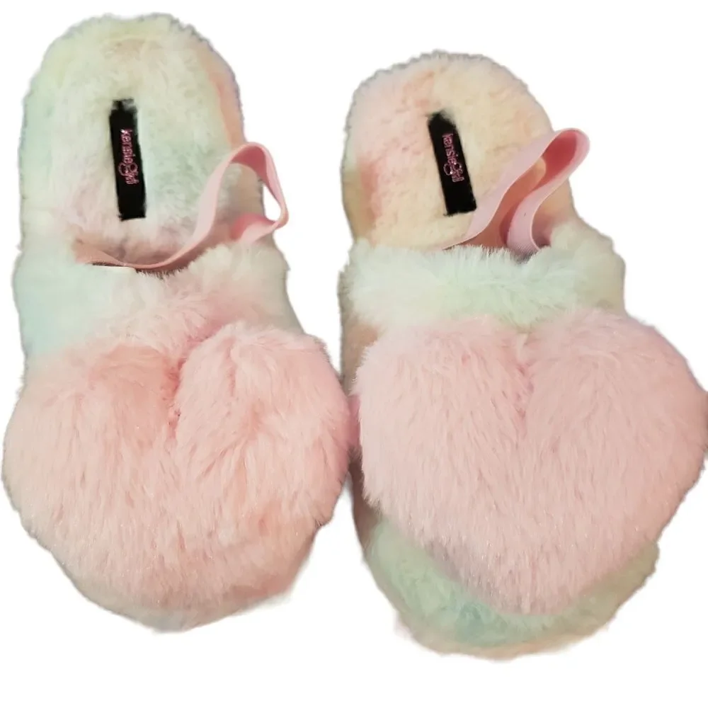 Kensie Girl Girls Fluffy Faux Fur Slingback Slippers Heart Pom Pom large 2/3